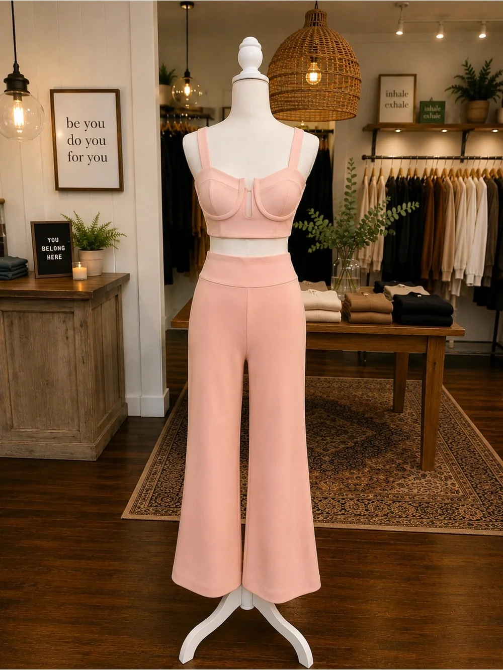 Pink Two Piece Bustier Crop Top & High Rise Bell Bottom Pants Set NWOT S M L